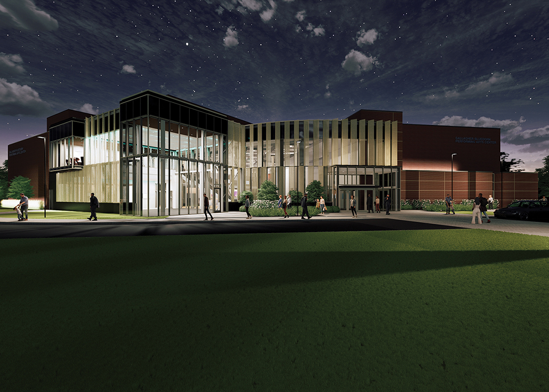 Exterior rendering of new Gallagher Bluedorn Performing Arts Center