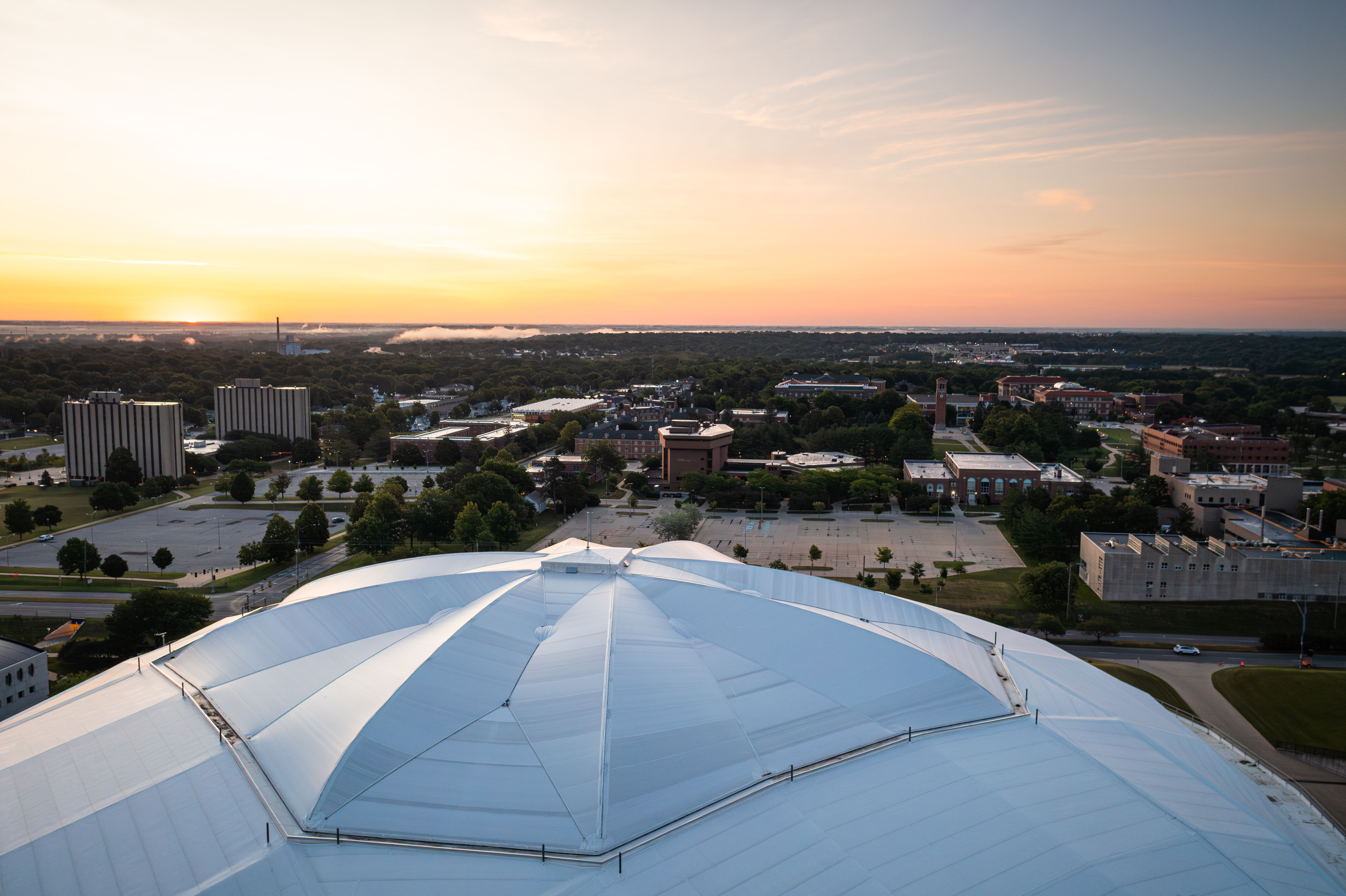 Drone view of the UNI-Dome at sunset.