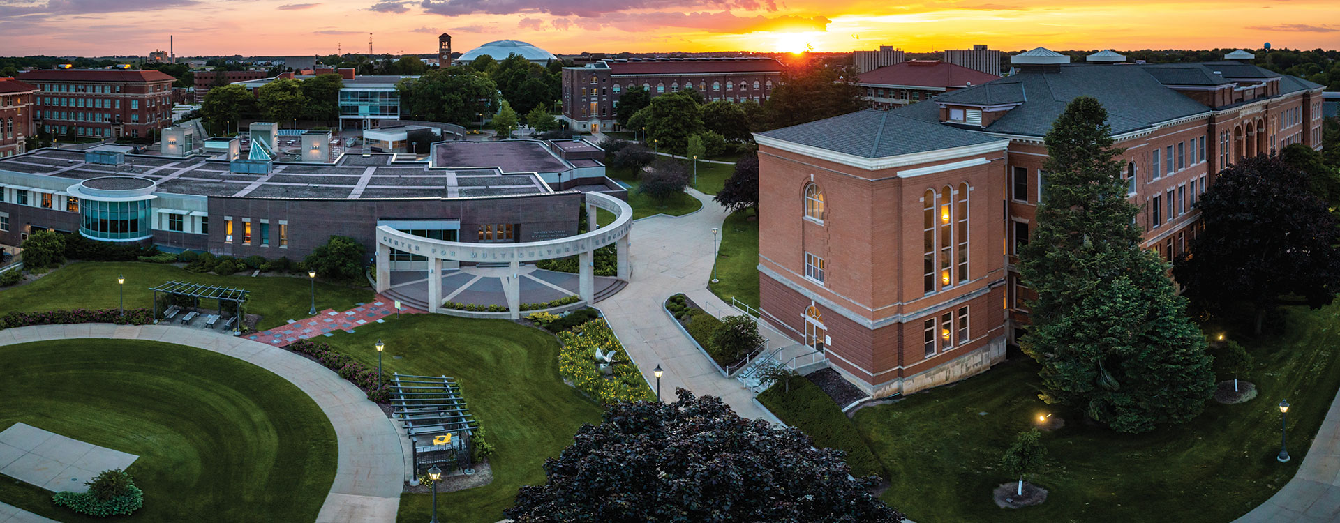 The University of Northern Iowa campus at sunset