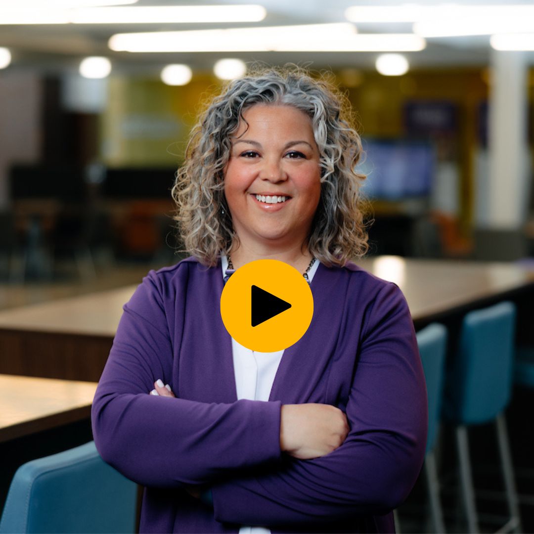 Photo of Dean Colleen Mulholland with a play button on it which takes you to view her message on supporting the College of Education.