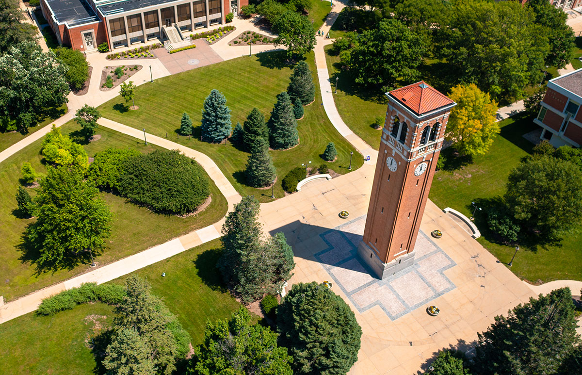 The UNI Campanile and Campanile Plaza seen from above
