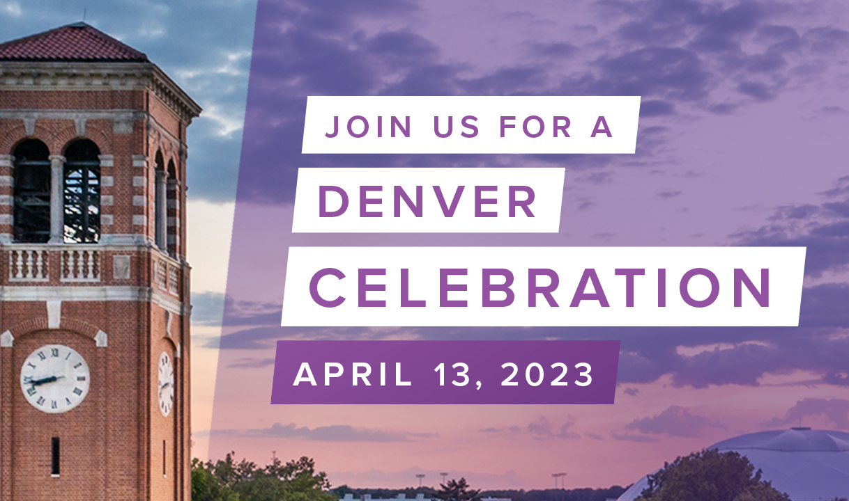 Join us for a Denver Celebration April 13, 2023 Campanile background