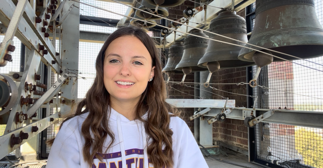 UNI student Emily Clouser in the belfry of the Campanile