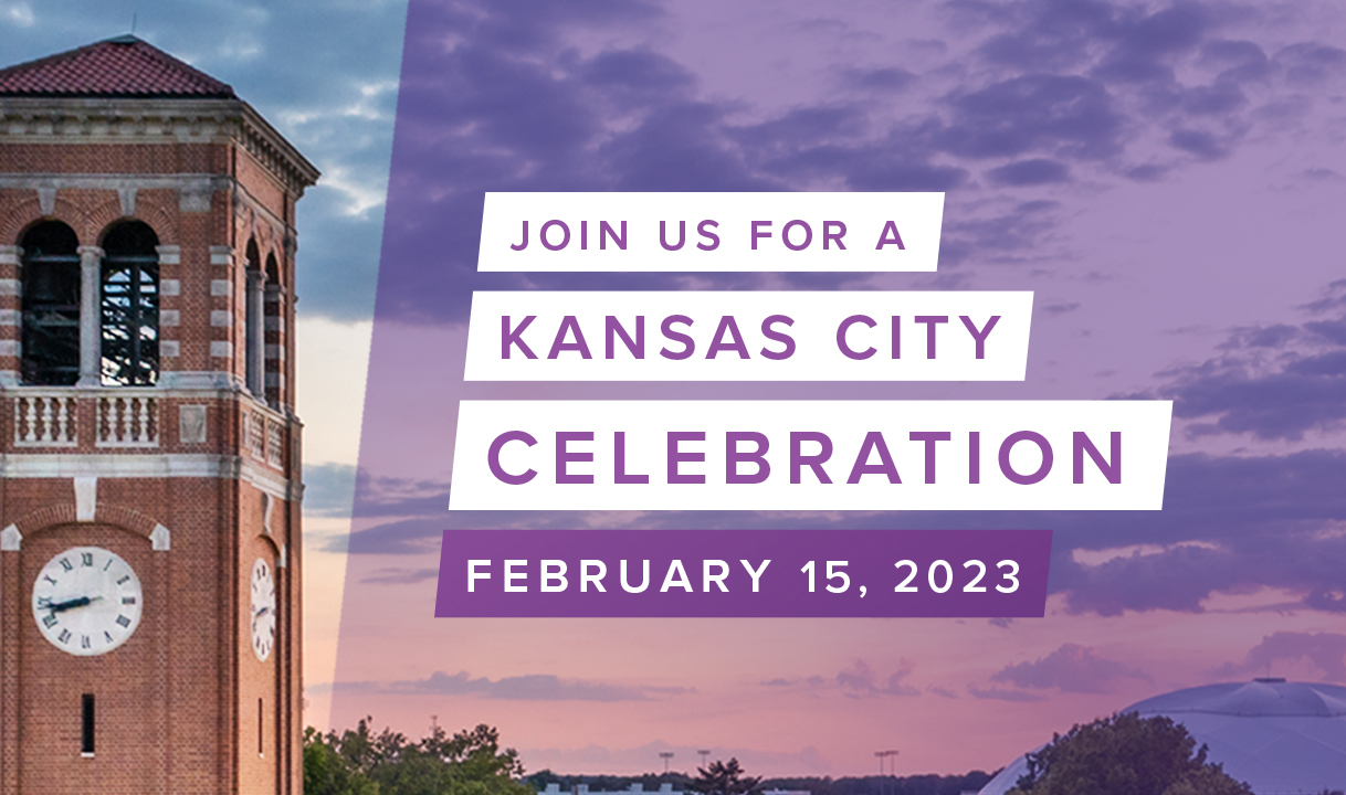 An image of the Campanile with the text 'Join us for a Kansas City celebration February 15, 2023'