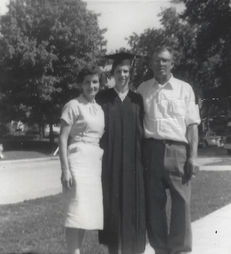 Marie Burke with her parents at graduation in 1961