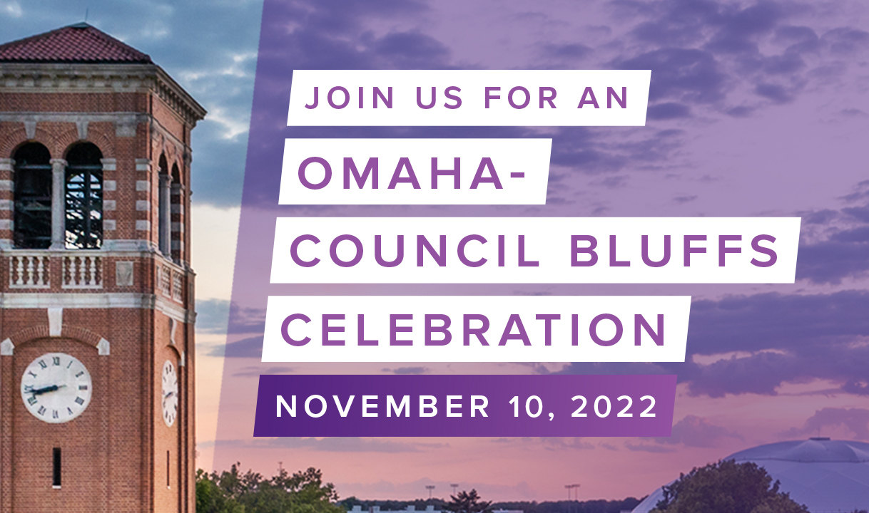 An image of the Campanile with the text 'Join us for an Omaha-Council Bluffs celebration November 10'