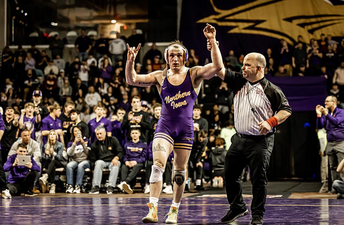 UNI wrestler Parker Keckeisen after a victory on the mat