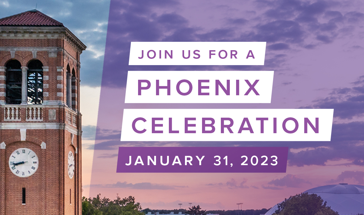 An image of the Campanile with the text 'Join us for a Phoenix celebration January 31,2023'