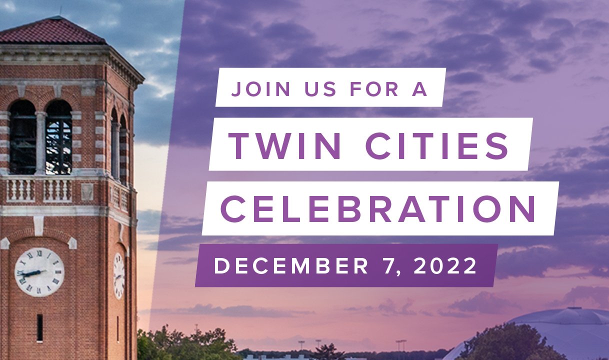 An image of the Campanile with the text 'Join us for a Twin Cities celebration December 7'