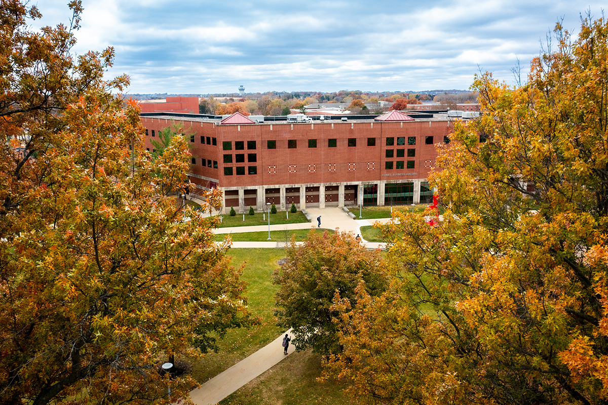 Curris Business Building during the fall season