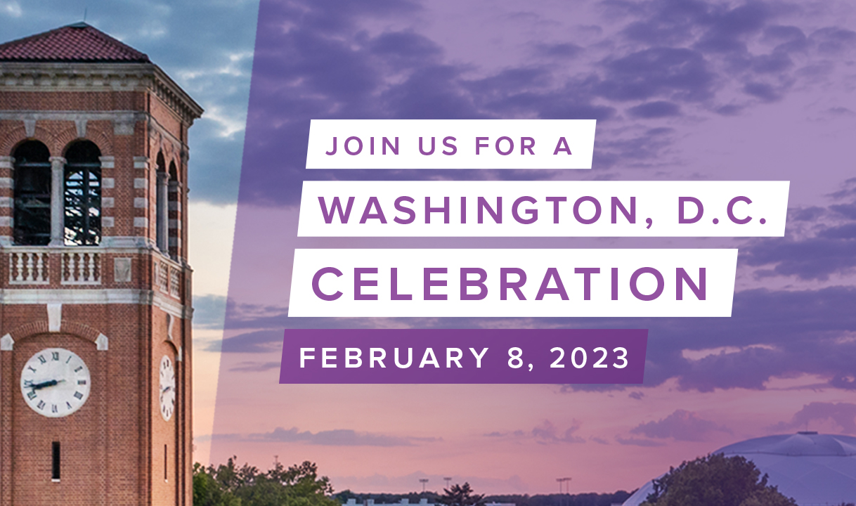 An image of the Campanile with the text 'Join us for a Washington, D.C. celebration February 8, 2023'